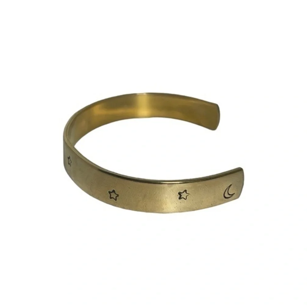Handmade stamped‎ celestial sun & star adjustable stackable gold brass bracelet